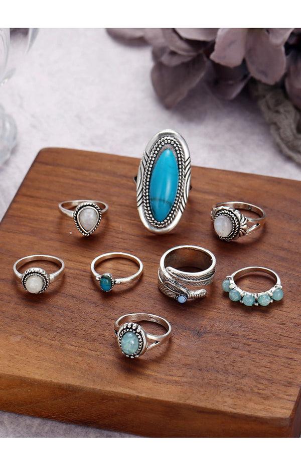 Black Coral Silver Turquoise & Moonstone Ring Set