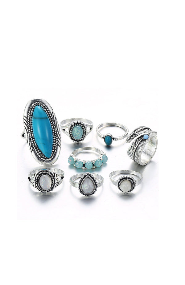 black coral Silver Turquoise & Moonstone Ring Set