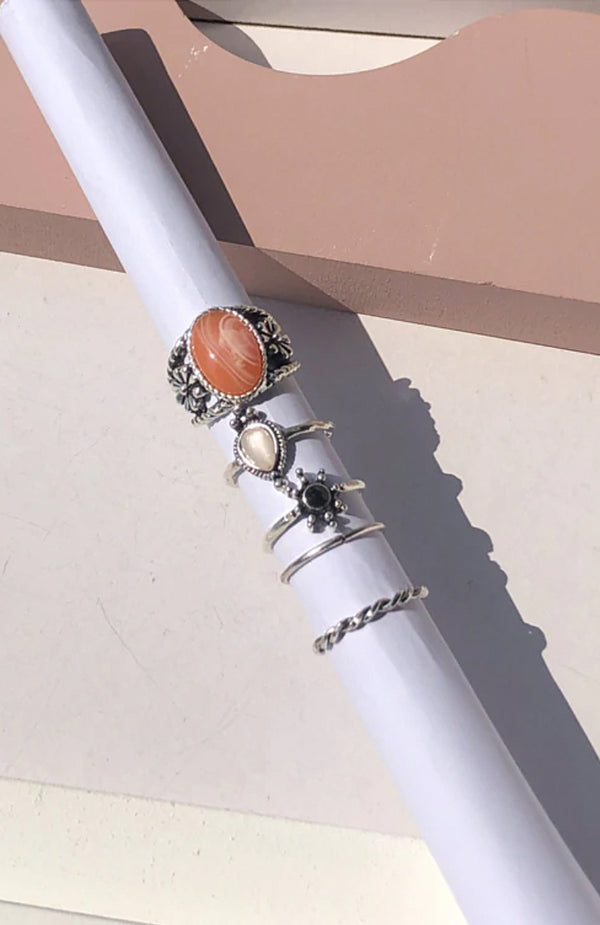 black coral Vintage Silver Multi Stone Ring Set