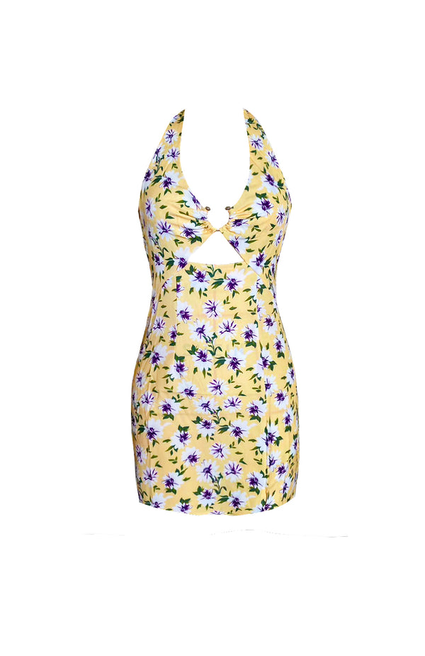 black coral Sunshine Blooms Floral Mini Dress Yellow