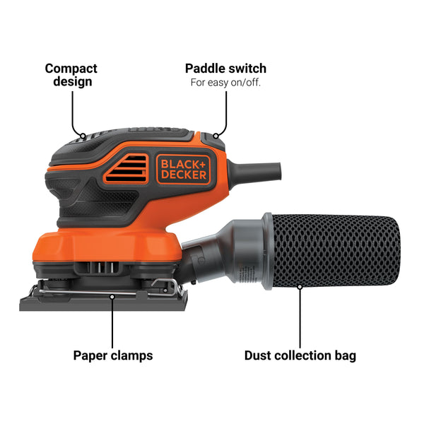 Black Decker 1/4 Sheet Orbital Sander With Paddle Switch Actuation 2.0 Amp