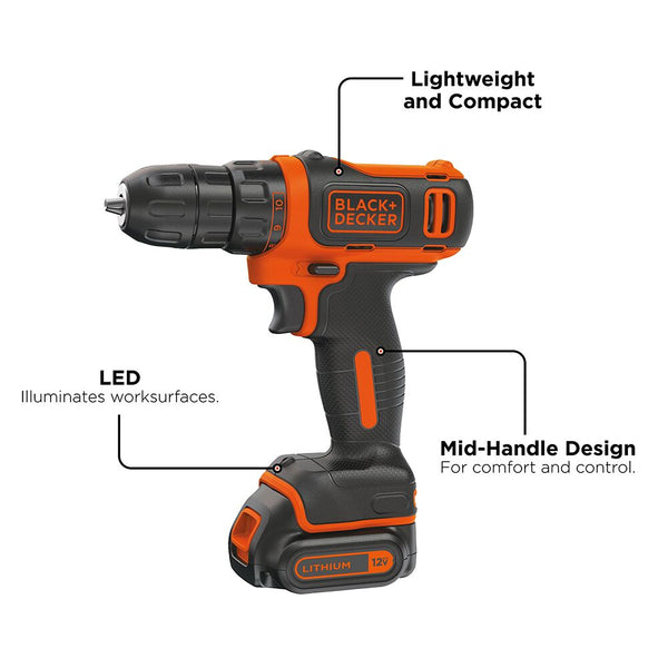 Black Decker 12V MAX* Cordless Drill/Driver + 59 Piece Project Kit