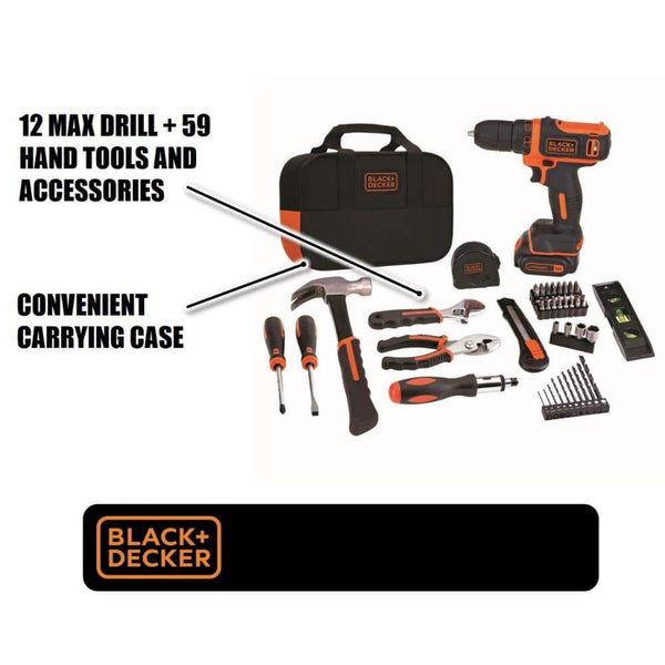 Black Decker 12V MAX* Cordless Drill/Driver + 59 Piece Project Kit