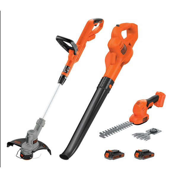 black decker 20V MAX* Cordless Combo Kit String/Hedge Trimmer and Sweeper 2 Batteries and Charger Included Orange