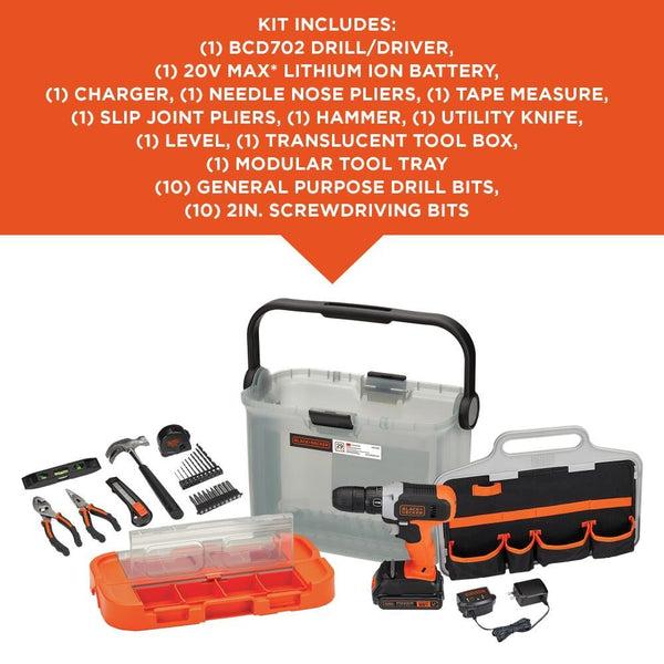 Black Decker 20V MAX* Cordless Drill With 28-Piece Home Project Kit In Translucent Tool Box
