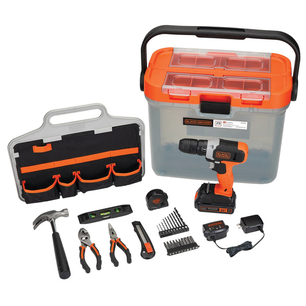 Black Decker 20V MAX* Cordless Drill With 28-Piece Home Project Kit In Translucent Tool Box