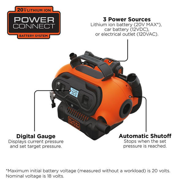Black Decker 20V MAX* Cordless Tire Inflator Cordless & Corded Power Tool Only