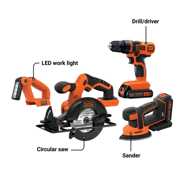 Black Decker 20V MAX* Lithiuim Ion 4 Tool Combo Kit: Drill/Driver Circular Saw MOUSE™ Detail Sander And Light