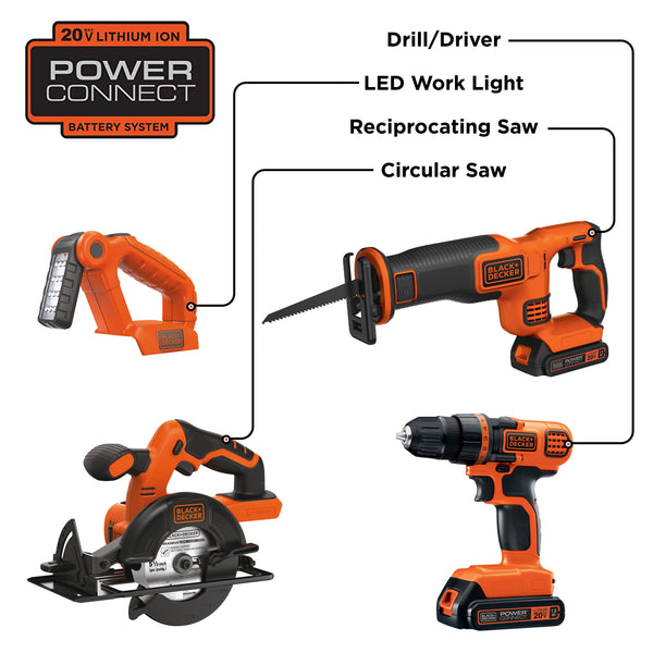 Black Decker 20V MAX* Lithium Ion 4 Tool Combo Kit: Drill/Driver Circular Saw Reciprocating Saw And Work Light