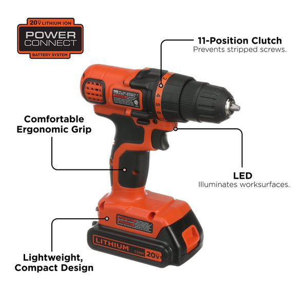 Black Decker 20V MAX* Lithium Ion Drill/Driver + 68 Piece Project Kit