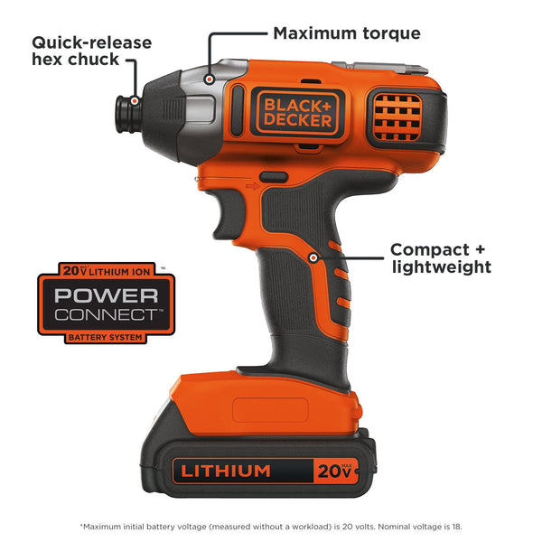 Black Decker 20V MAX* POWERCONNECT™ 1/4 In. Cordless Impact Driver Kit