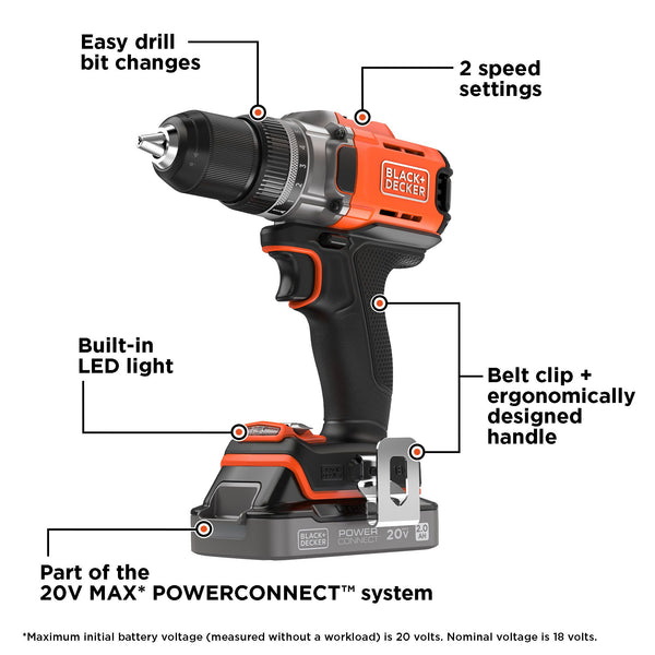 Black Decker 20V MAX* POWERCONNECT™ Cordless Drill Driver Battery + Charger Included