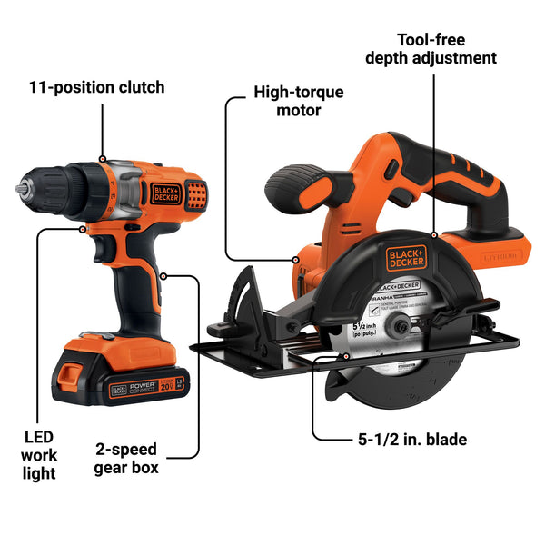 Black Decker 20V MAX* POWERCONNECT™ Cordless Drill/Driver + Circular Saw Combo Kit