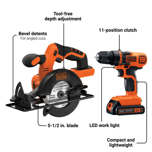 Black Decker 20V MAX* POWERCONNECT™ Cordless Drill/Driver + Circular Saw Combo Kit