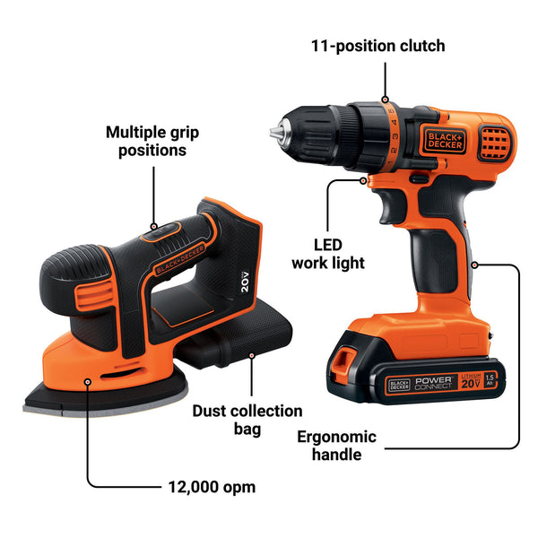 Black Decker 20V MAX* POWERCONNECT™ Cordless Drill/Driver + MOUSE™ Detail Sander Combo Kit