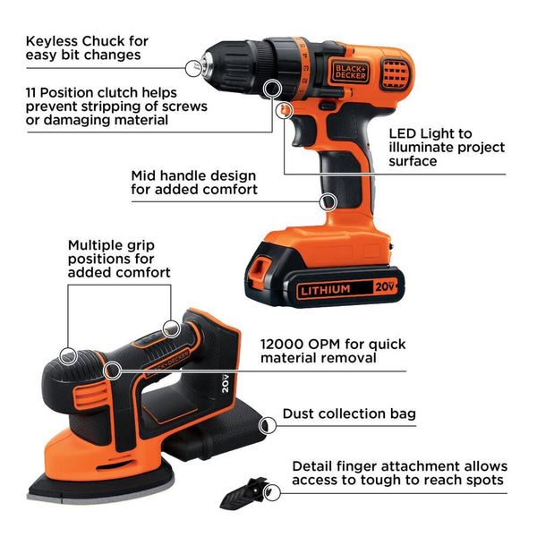 Black Decker 20V MAX* POWERCONNECT™ Cordless Drill/Driver + MOUSE™ Detail Sander Combo Kit