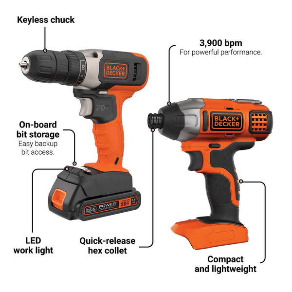 Black Decker 20V MAX* POWERCONNECT™ Cordless Drill + Impact Driver Combo Kit