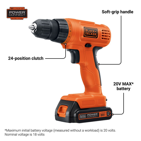 Black Decker 20V MAX* POWERECONNECT Cordless Drill Or Driver + 30 Piece Bits And Drivers 1.5 Ah Battery & Charger Included