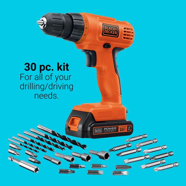 Black Decker 20V MAX* POWERECONNECT Cordless Drill Or Driver + 30 Piece Bits And Drivers 1.5 Ah Battery & Charger Included