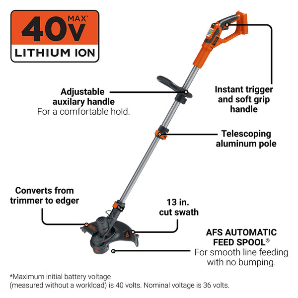 Black Decker 40V MAX* 13 In. 2in1 Cordless String Trimmer/Edger With POWERCOMMAND™ Kit