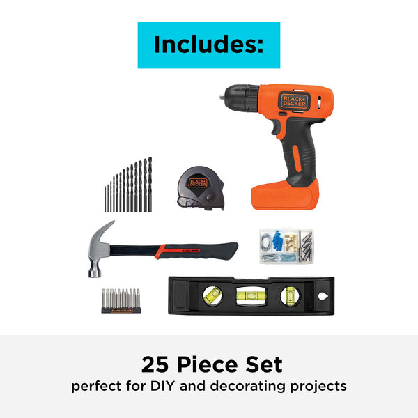 Black Decker 8V MAX* Ready To Decorate Project Kit Includes Cordless Drill And Essential Hand Tools 25-Piece