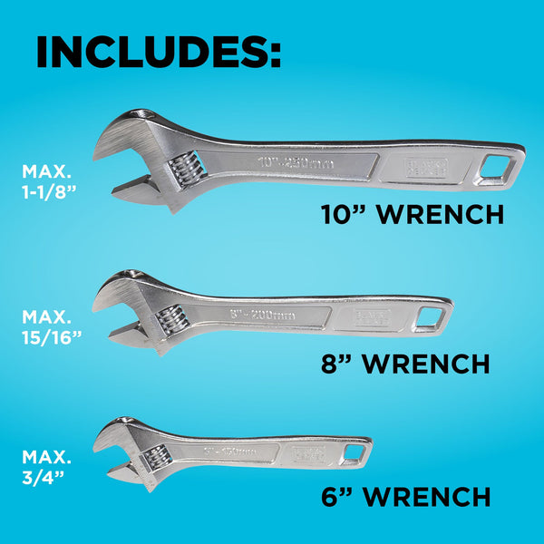 Black Decker Adjustable Wrench Set 6 In. 8 In. And 1 In. Wide + Tapered Jaws