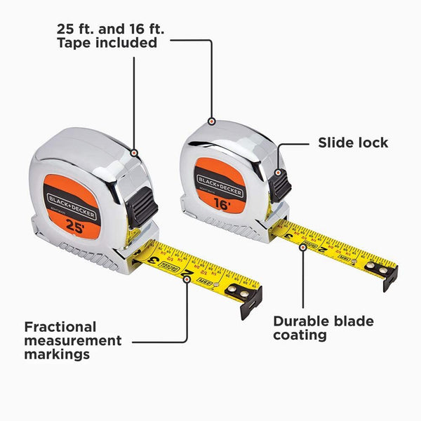 Black Decker Tape Measure Bundle 25-Foot & 16-Foot