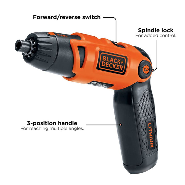 Black Decker Cordless Screwdriver With Pivoting Handle USB Charger And 2 Hex Shank Bits