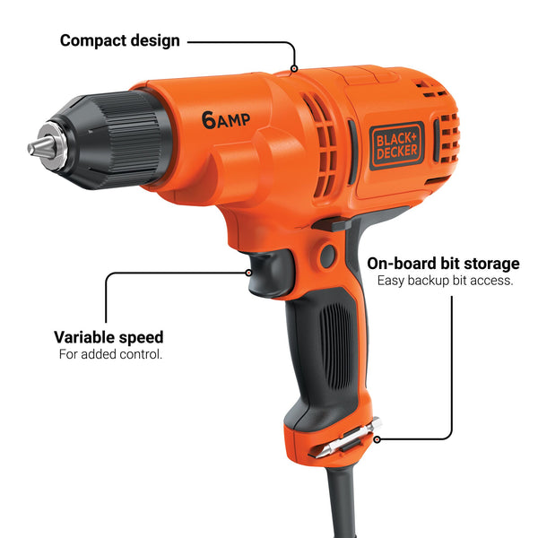 Black Decker Electric Drill Driver Kit 3/8 In. 6.0 Amp Corded