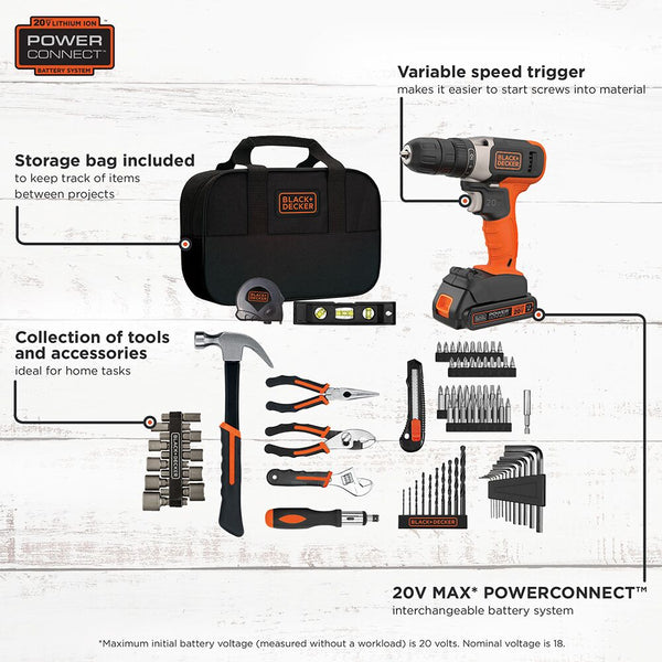 Black Decker Home Tool Kit With 20V MAX* Drill/Driver 83-Piece