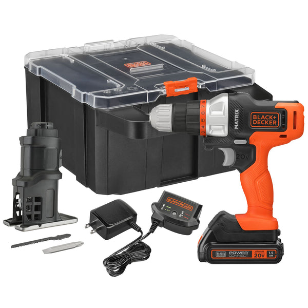 Black Decker MATRIX™ 20V MAX* Drill Kit Includes Jig Saw Attachment Storage Case Battery And Charger