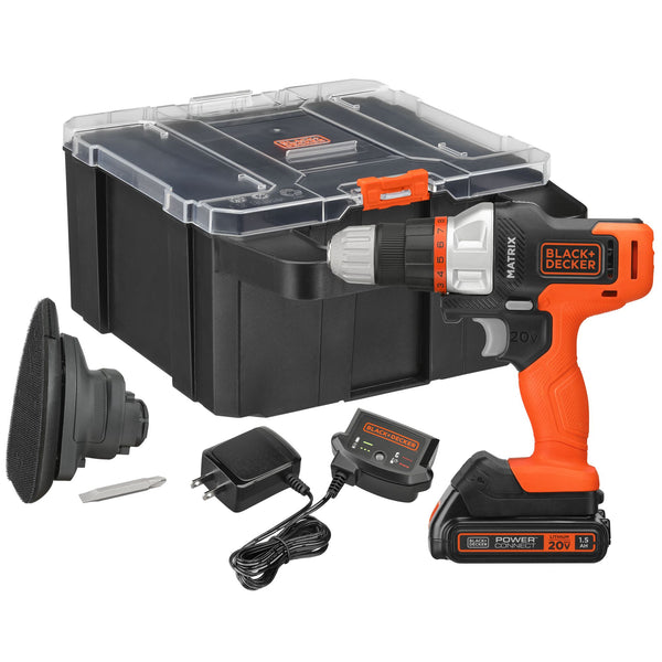 Black Decker MATRIX™ 20V MAX* Drill Kit Includes Sander Attachment Storage Case Battery And Charger