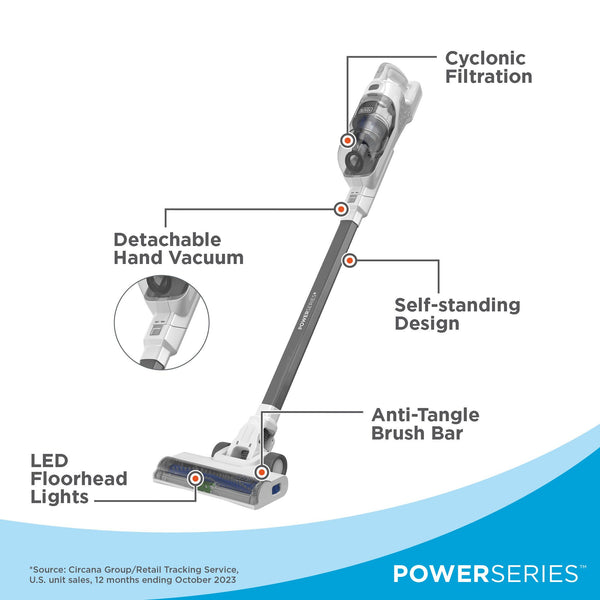Black Decker POWERSERIES+™ 16V MAX* Cordless Stick Vacuum With LED Floor Lights Lightweight Multi-Surface White