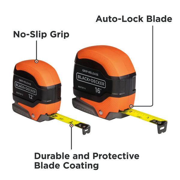 Black Decker Tape Measure Bundle Grip Release Self Lock 12-Foot & 16-Foot 2-Pack