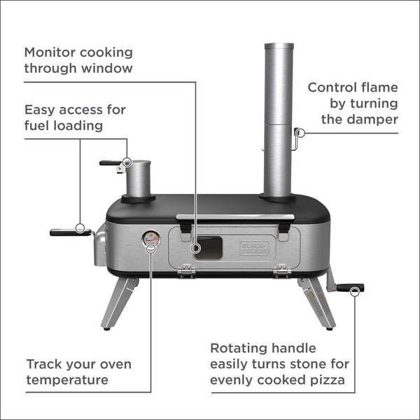 Black Decker Vera™ Pizza Oven Outdoor Wood - Charcoal - Pellet Fired Pizza Oven Rotating Handle And Temperature Gauge Portable With Folding Legs For Easy Storage