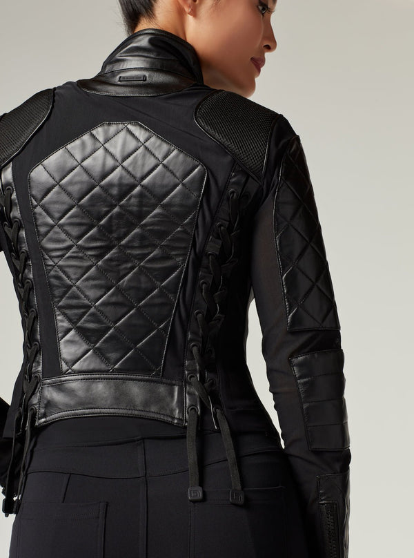 blanc noir Classic Leather Mesh Moto Jacket Black