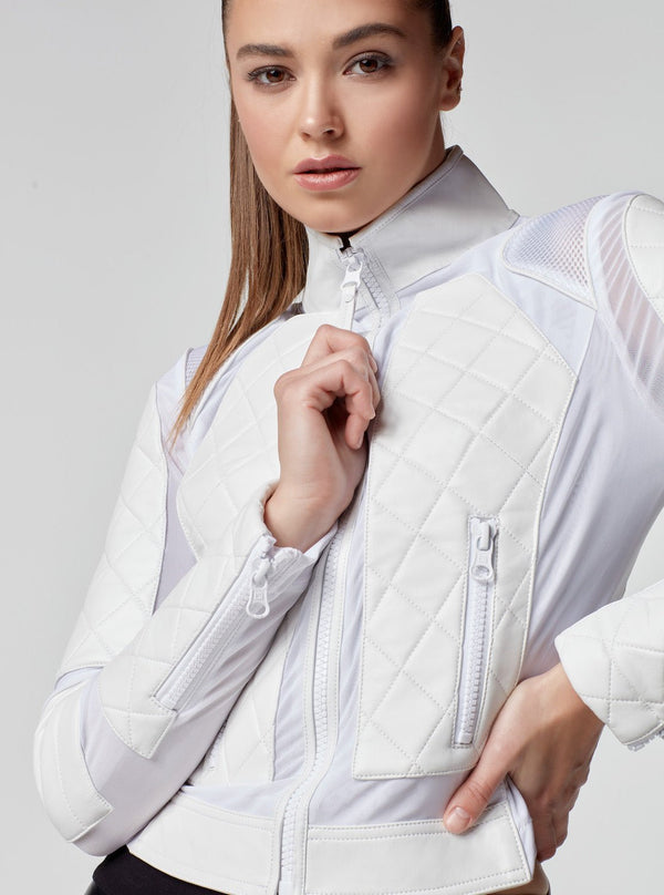blanc noir Classic Leather Mesh Moto Jacket White
