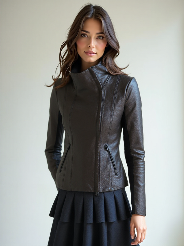 Blanc Noir Funnel Neck Moto Jacket Black