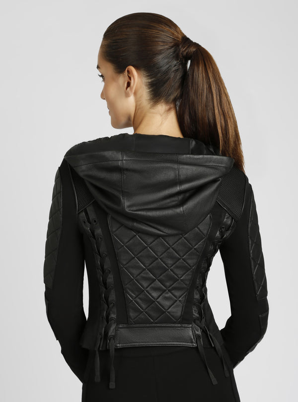 Blanc Noir Hooded Mesh Moto Jacket Black