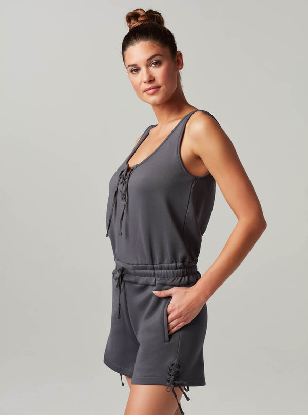 Blanc Noir Lace Up Romper - Char - Final Sale CHARCOAL