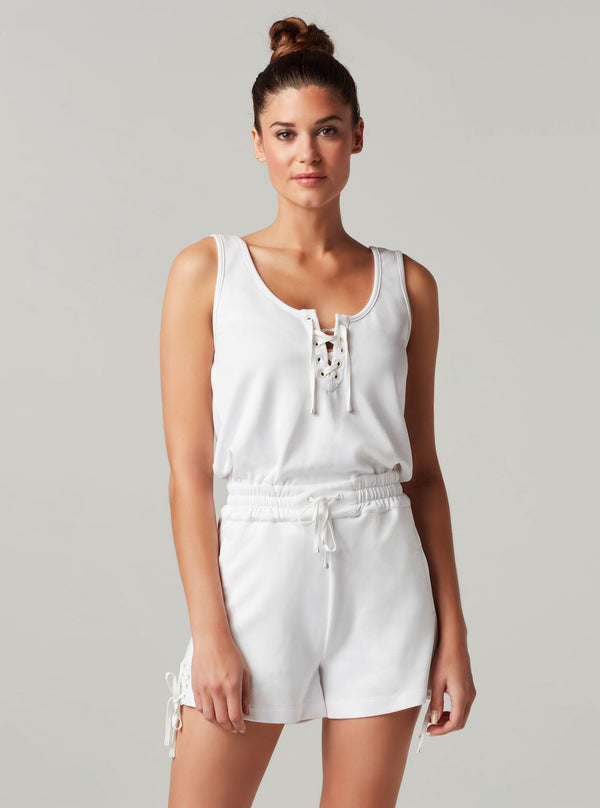 blanc noir Lace Up Romper - White - Final Sale WHITE