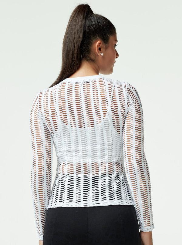 Blanc Noir Linear Mesh Top Long Sleeve - White WHITE