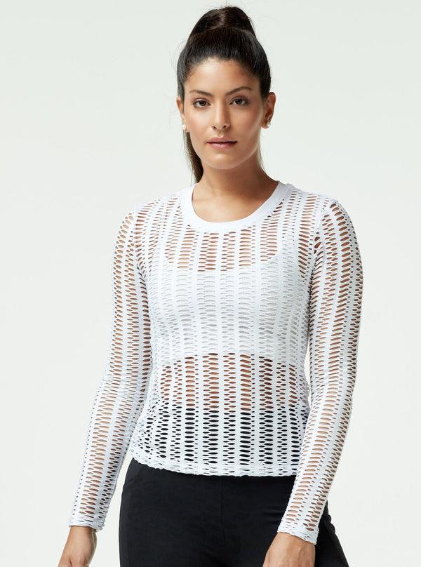 Blanc Noir Linear Mesh Top Long Sleeve - White WHITE