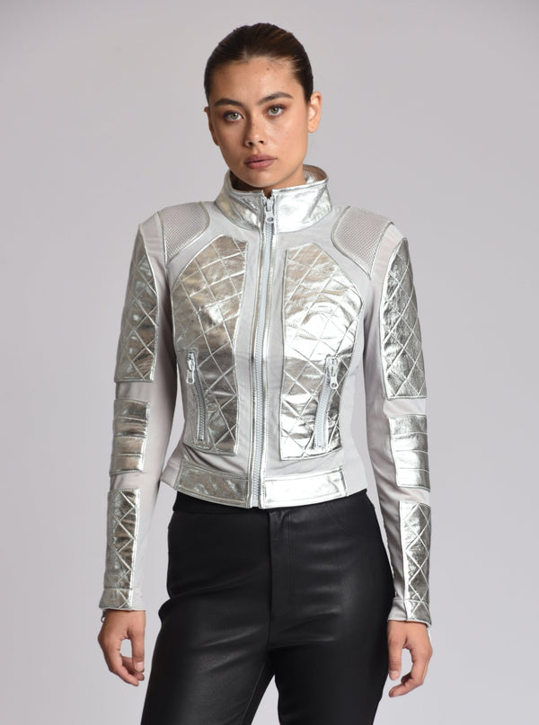 Blanc Noir Metallic Moto Mesh Jacket - SIlver Silver