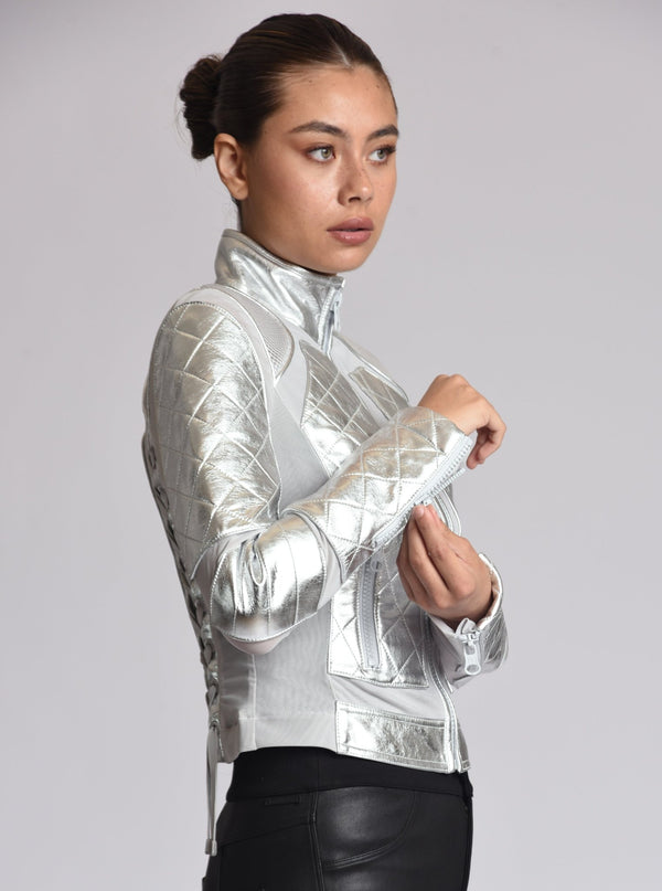 Blanc Noir Metallic Moto Mesh Jacket - SIlver Silver