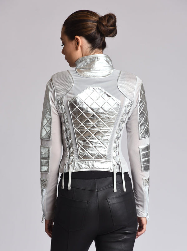 blanc noir Metallic Moto Mesh Jacket - SIlver Silver