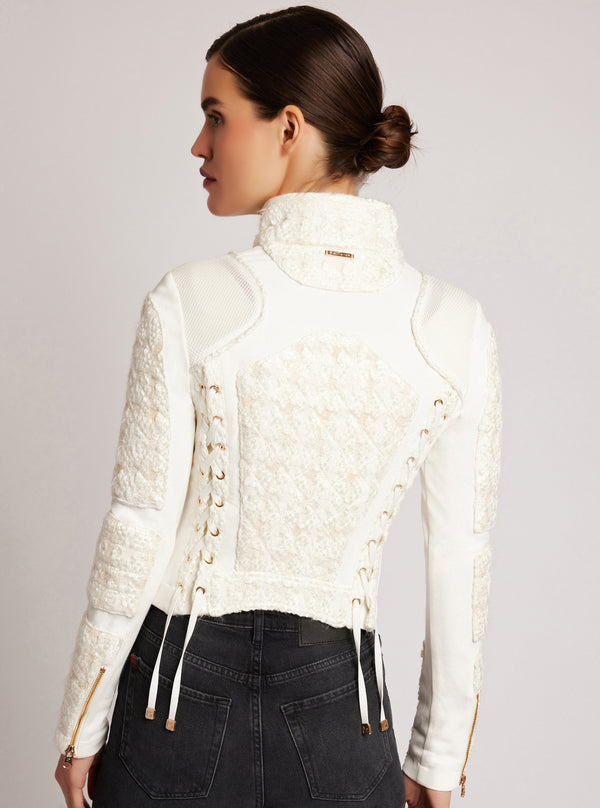 Blanc Noir Boucle Moto Mesh Jacket Gold Trims Ivory Boucle