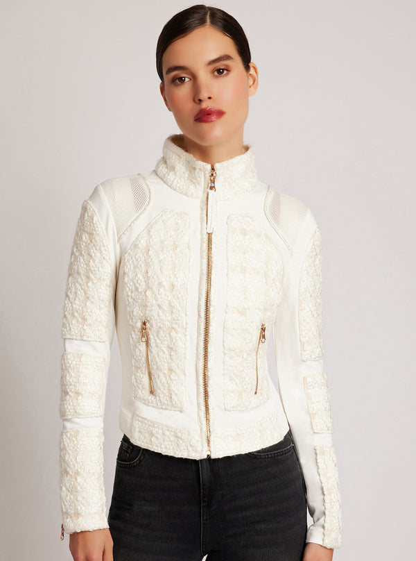 Blanc Noir Boucle Moto Mesh Jacket Gold Trims Ivory Boucle