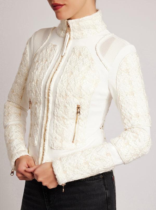 Blanc Noir Boucle Moto Mesh Jacket Gold Trims Ivory Boucle