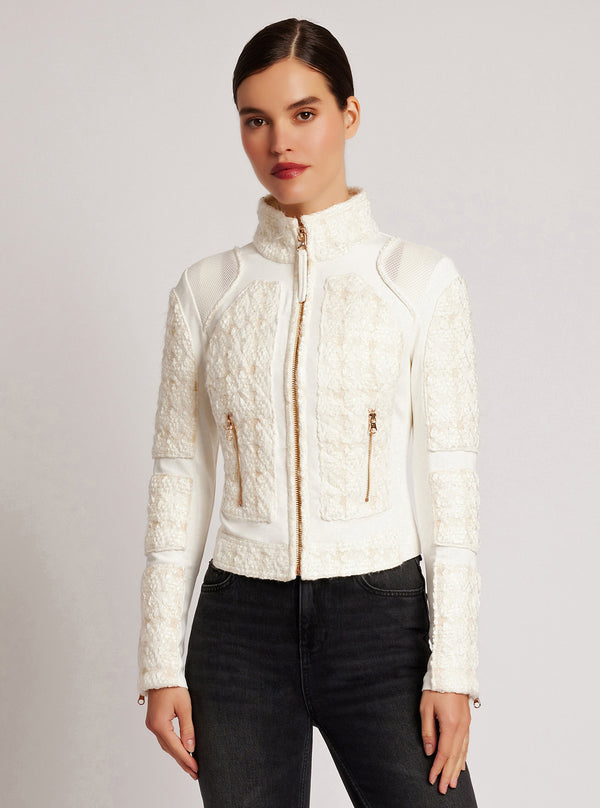 blanc noir Boucle Moto Mesh Jacket Gold Trims Ivory Boucle